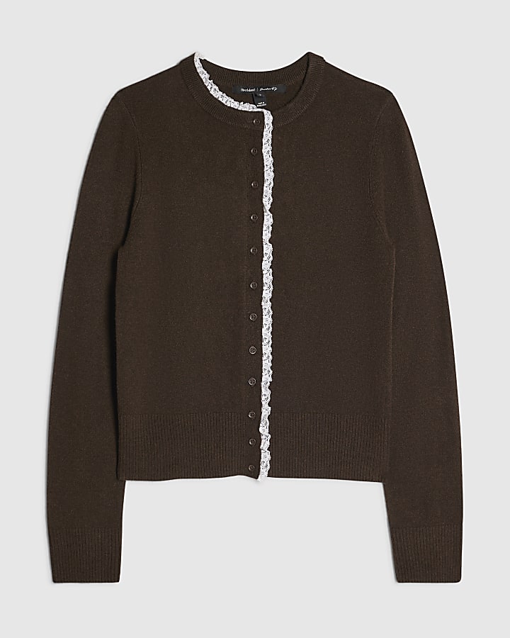 Brown Frill Trim Button Up Cardigan