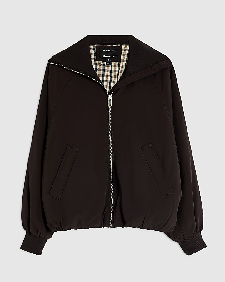 Brown Rib Detail Bubble Hem Bomber Jacket