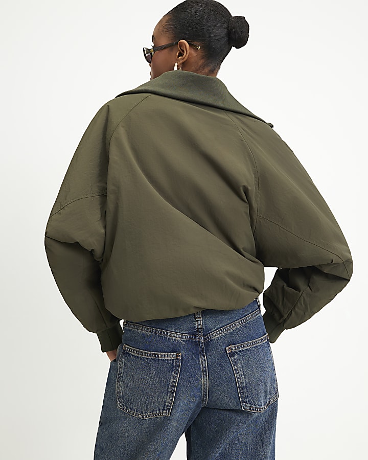Khaki Funnel Neck Bubble Hem Bomber Jacket