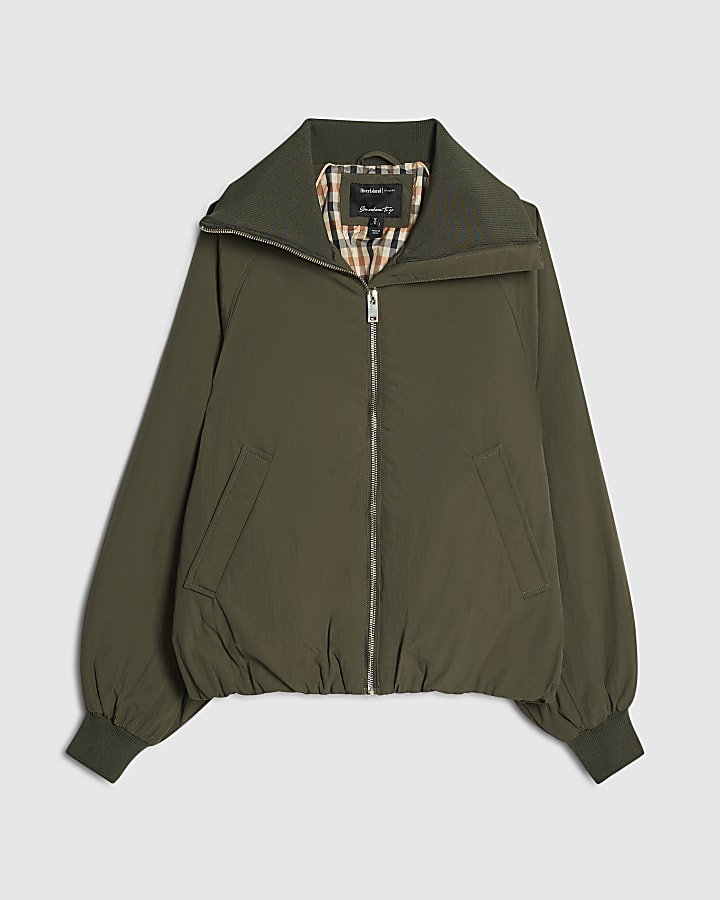 Khaki Funnel Neck Bubble Hem Bomber Jacket