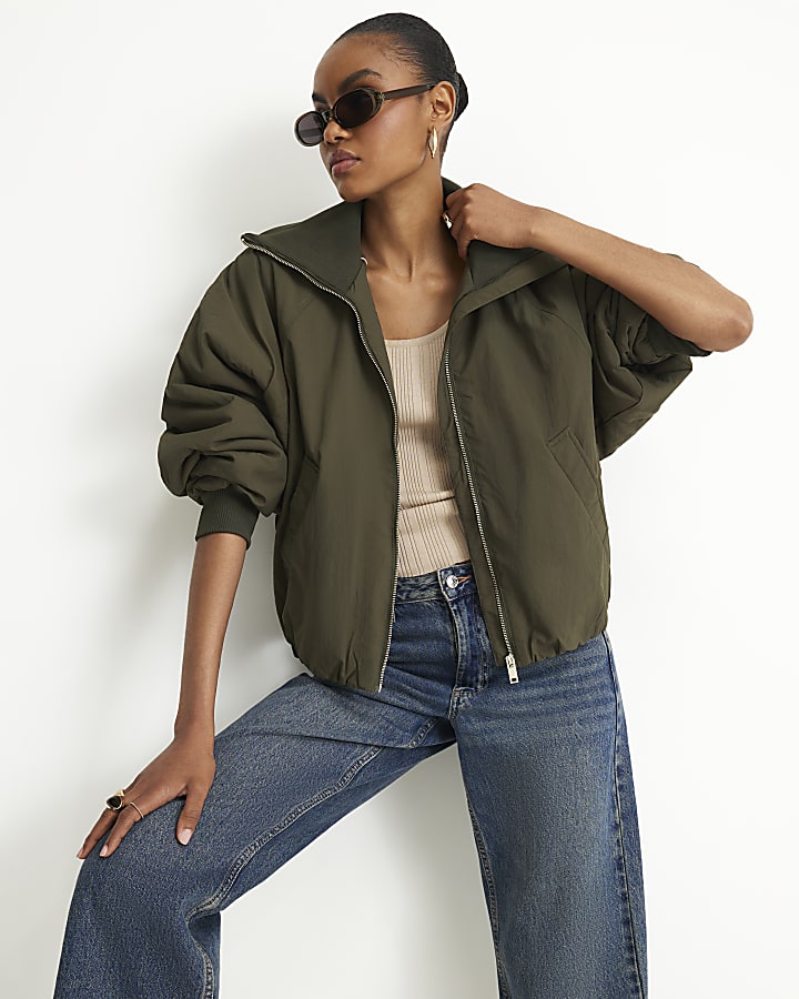 Khaki Funnel Neck Bubble Hem Bomber Jacket