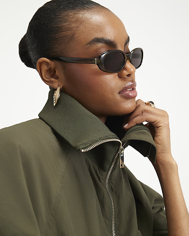 Khaki Funnel Neck Bubble Hem Bomber Jacket