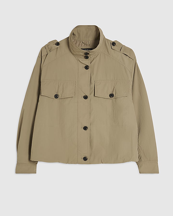 Beige Drop Shoulder Bubble Funnel Neck Jacket