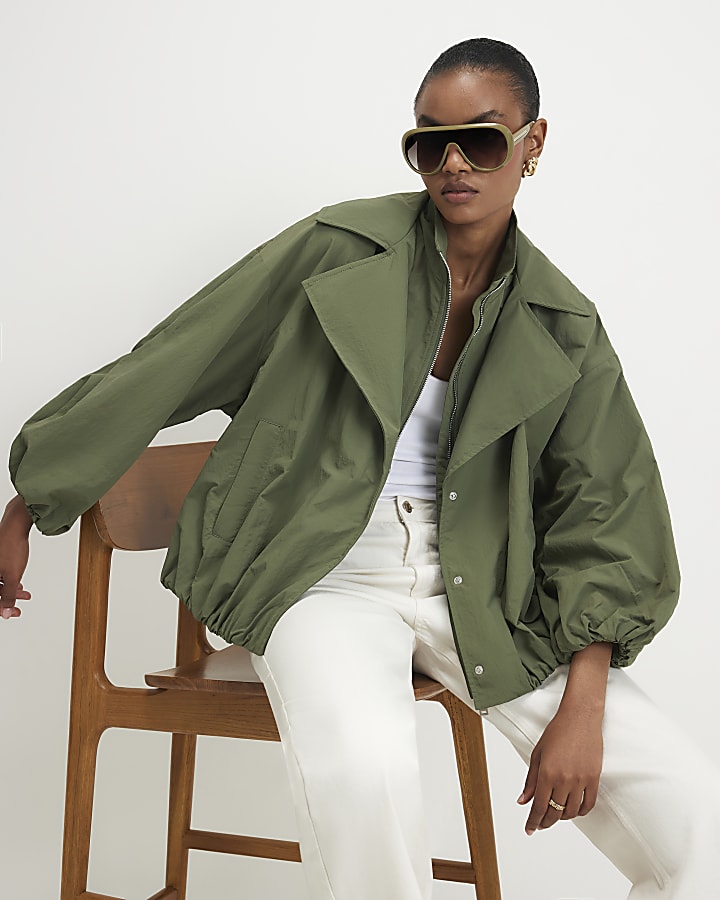 Khaki Double Layer Bubble Hem Jacket
