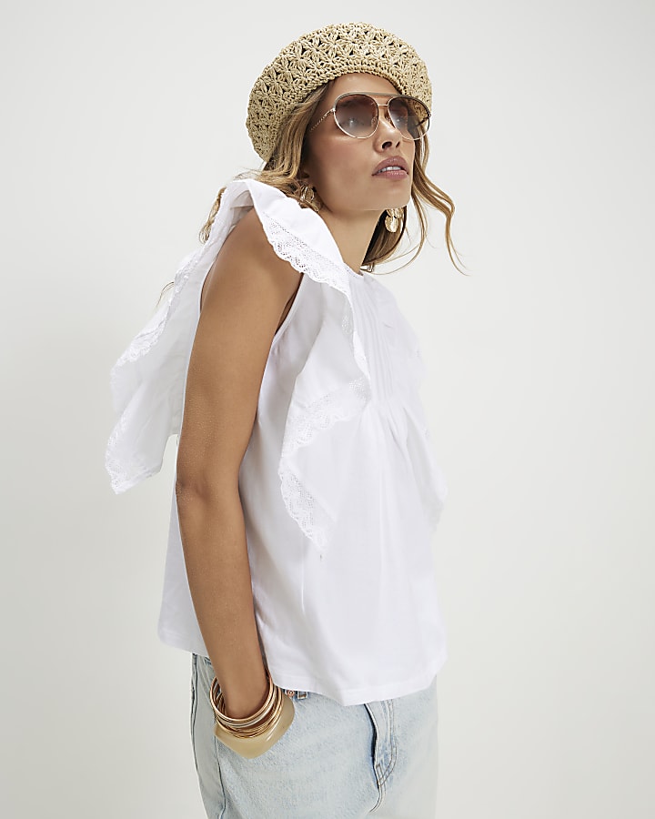 White Cotton Frill Smock Jersey Blouse