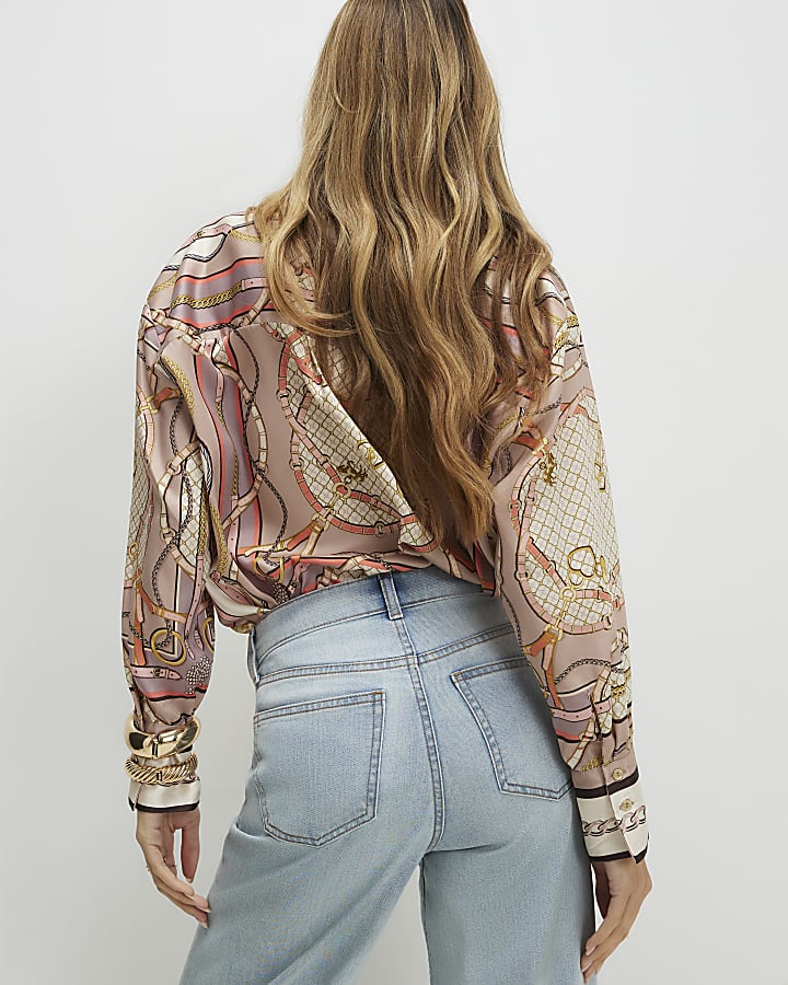 Pink Tie Neck Chain Print Shirt