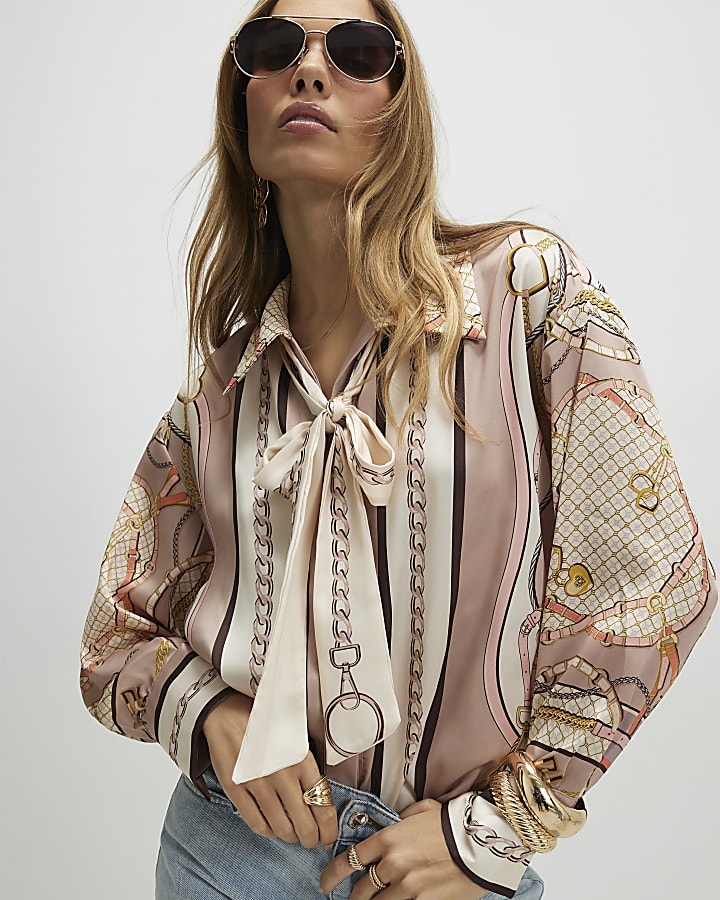 Pink Tie Neck Chain Print Shirt