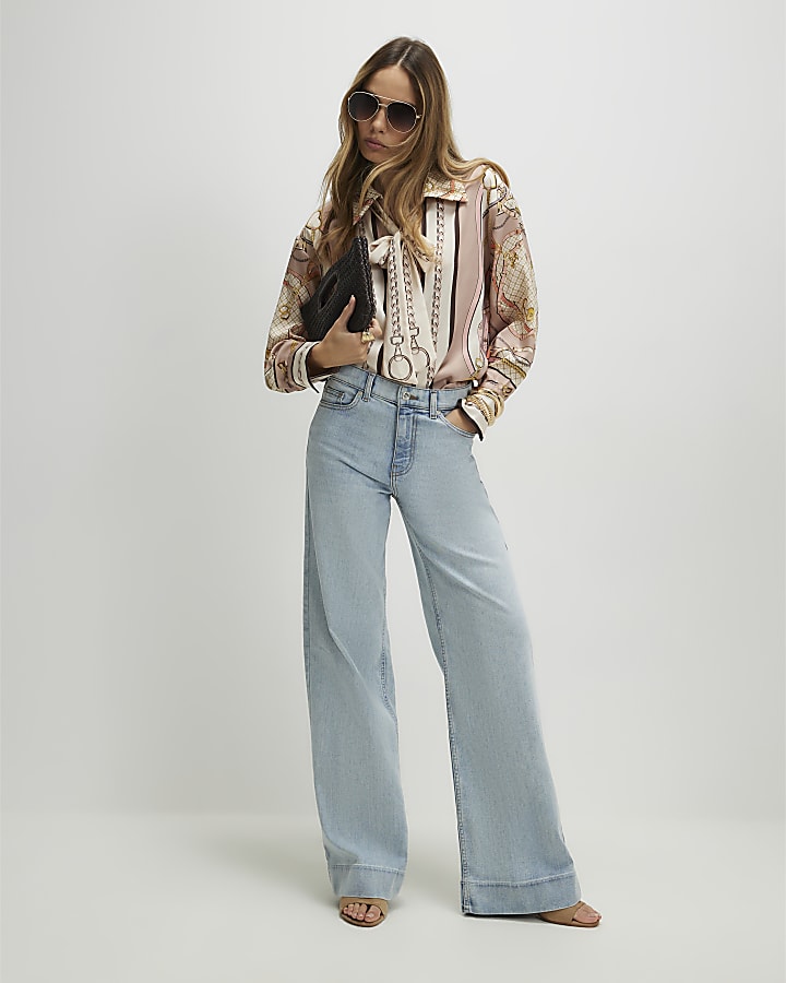 Pink Tie Neck Chain Print Shirt