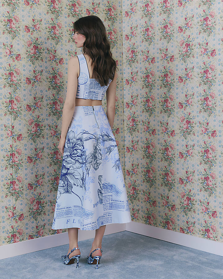 Blue Floral Border Print Midi Skirt