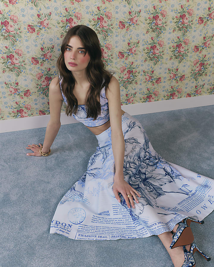 Blue Floral Border Print Midi Skirt