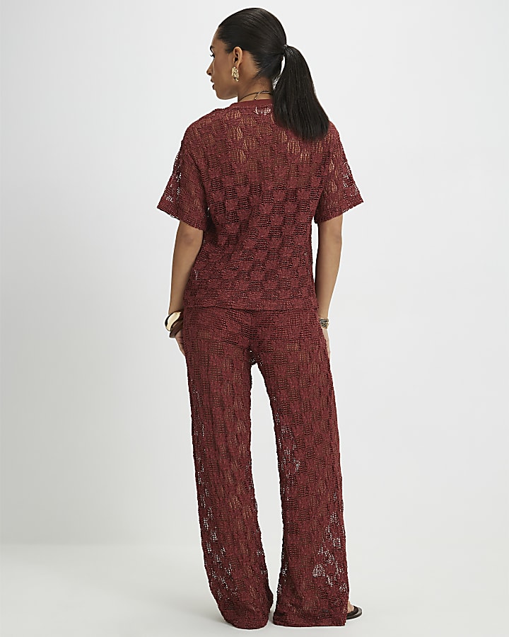 Petite Brown Crochet Lace Trousers