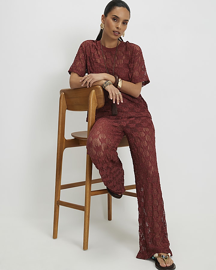 Petite Brown Crochet Lace Trousers