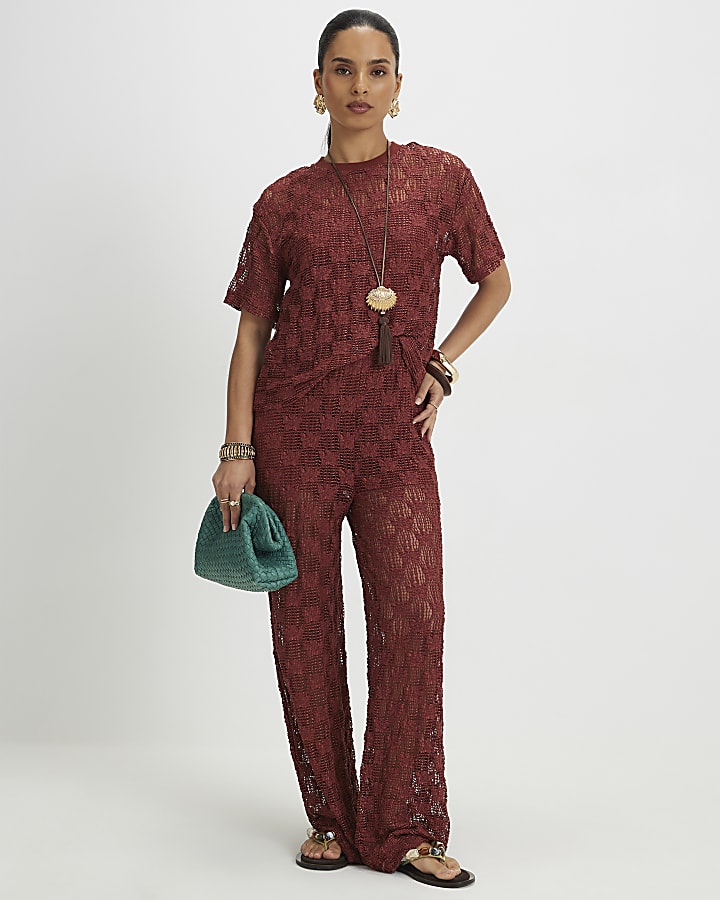 Petite Brown Crochet Lace Trousers