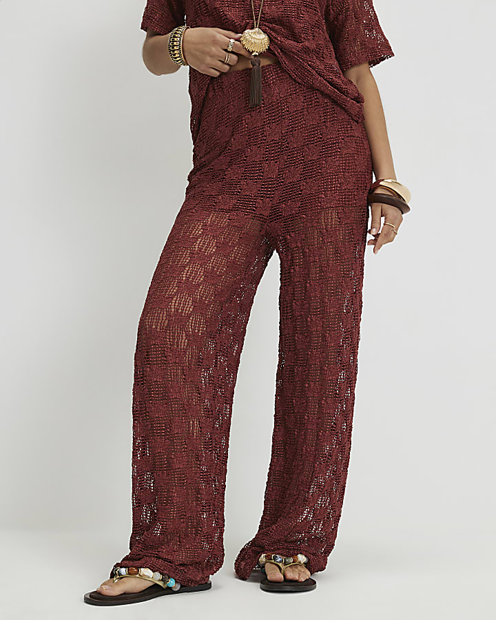 Petite Brown Crochet Lace Trousers