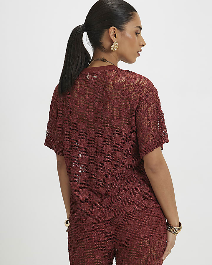 Petite Brown Crochet Lace Top
