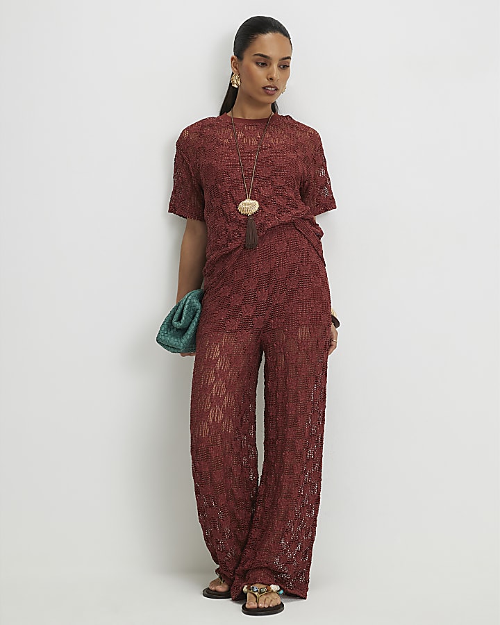 Petite Brown Crochet Lace Top