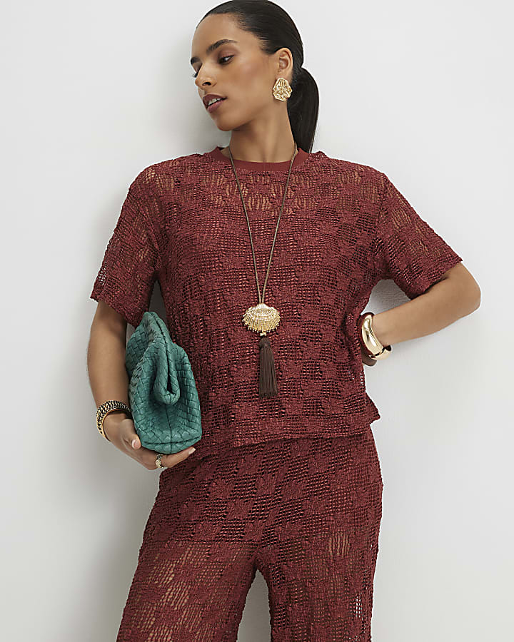 Petite Brown Crochet Lace Top