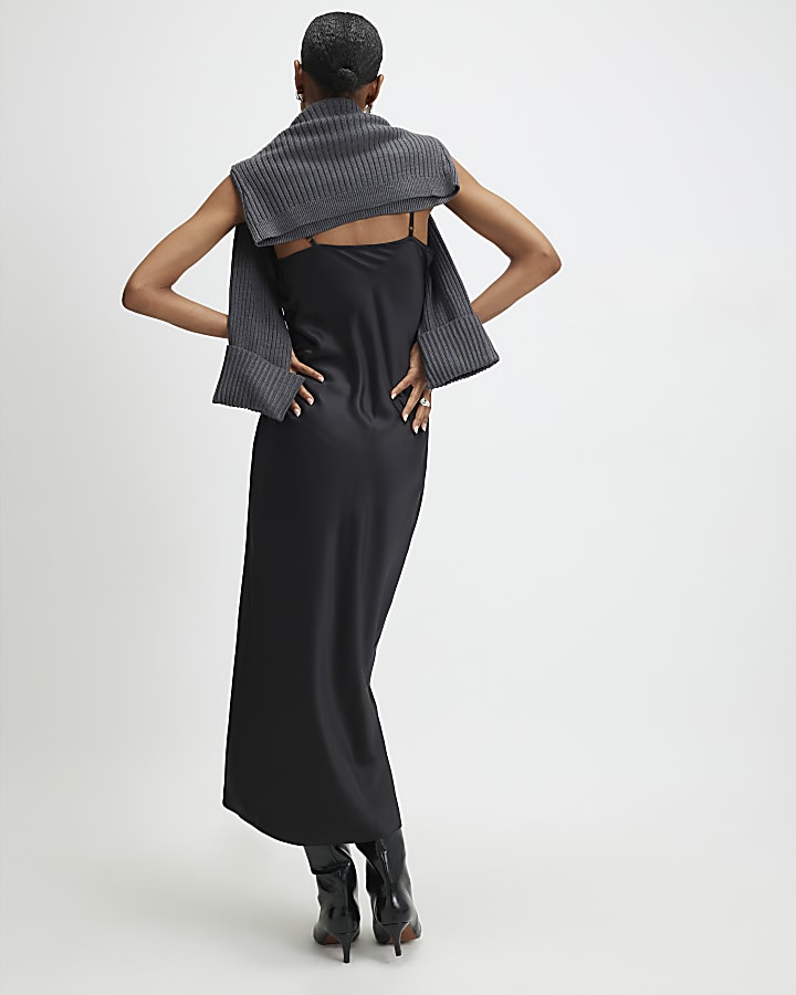 Black Hybrid Satin Maxi Jumper Dress