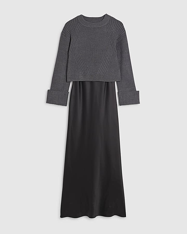 Black Hybrid Satin Maxi Jumper Dress