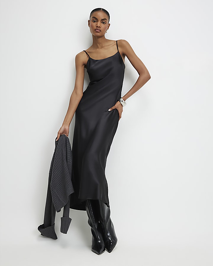 Black Hybrid Satin Maxi Jumper Dress