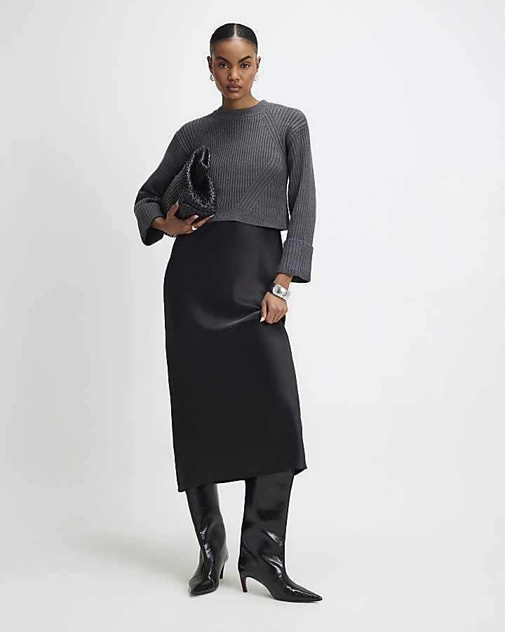 Black Hybrid Satin Maxi Jumper Dress