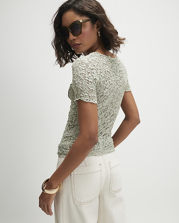 Green Short Sleeve Lace Top
