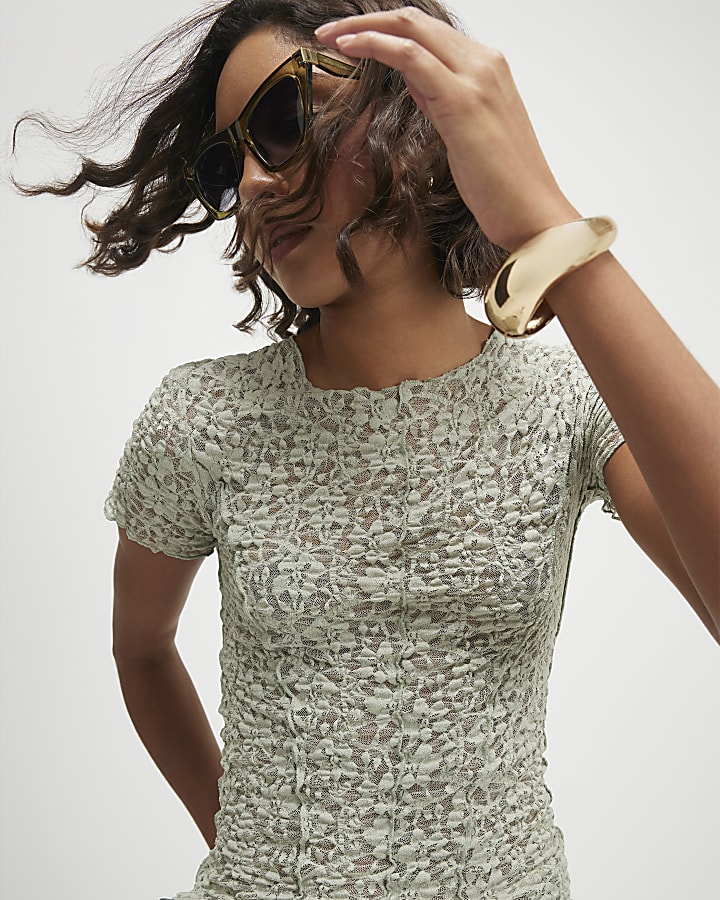 Green Short Sleeve Lace Top