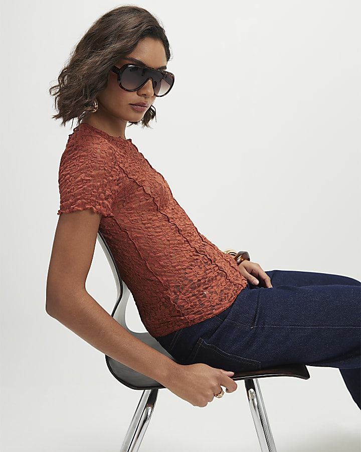 Orange Short Sleeve Lace Top