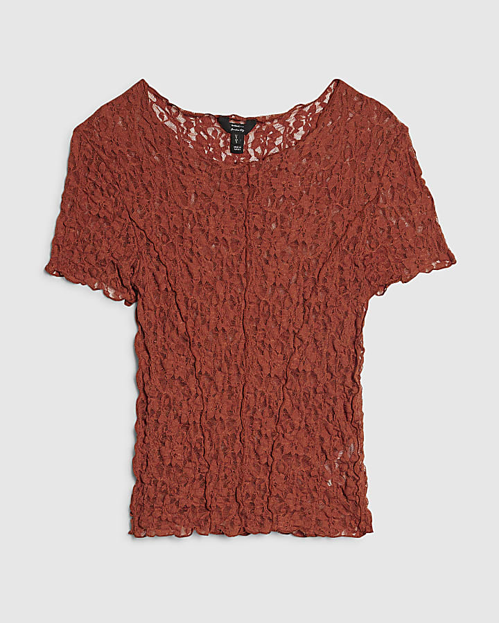 Orange Short Sleeve Lace Top