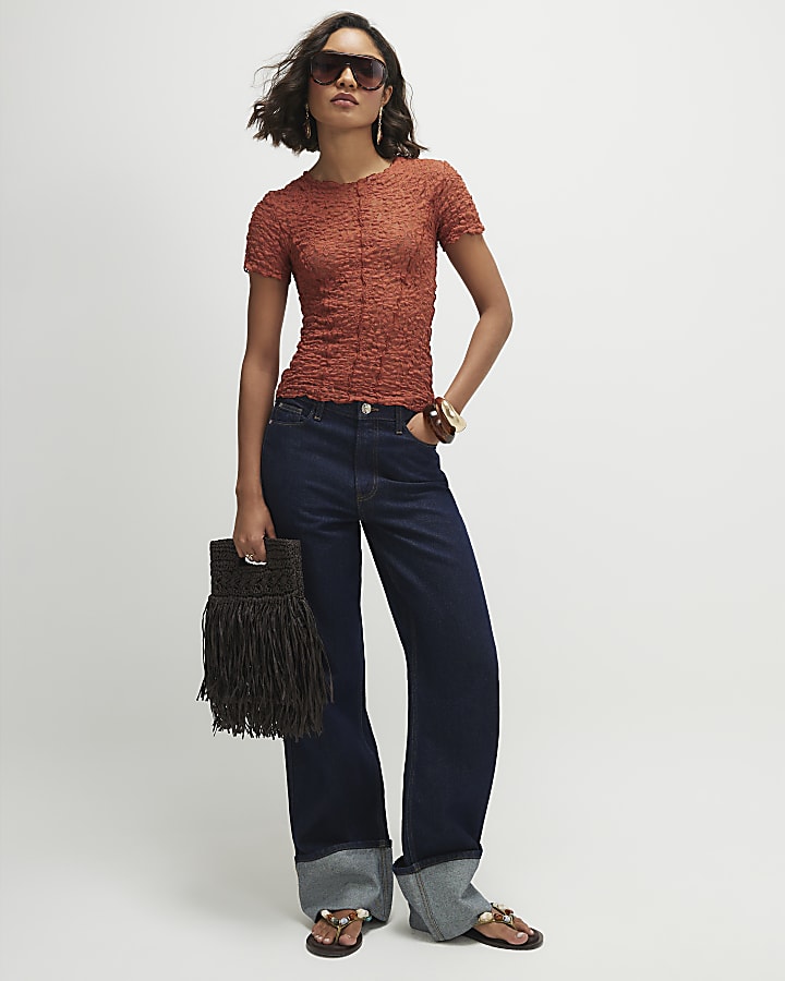 Orange Short Sleeve Lace Top