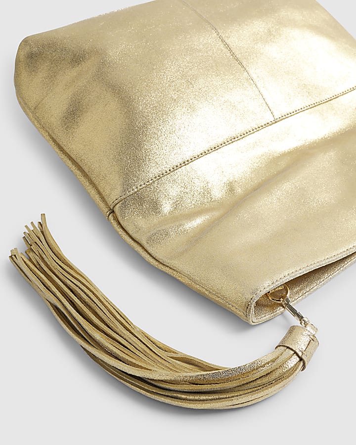 Gold Leather Flap Over Tassel Clutch Bag