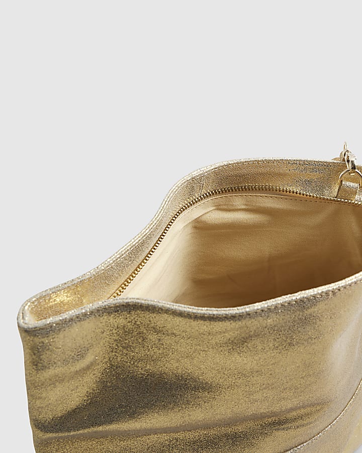 Gold Leather Flap Over Tassel Clutch Bag