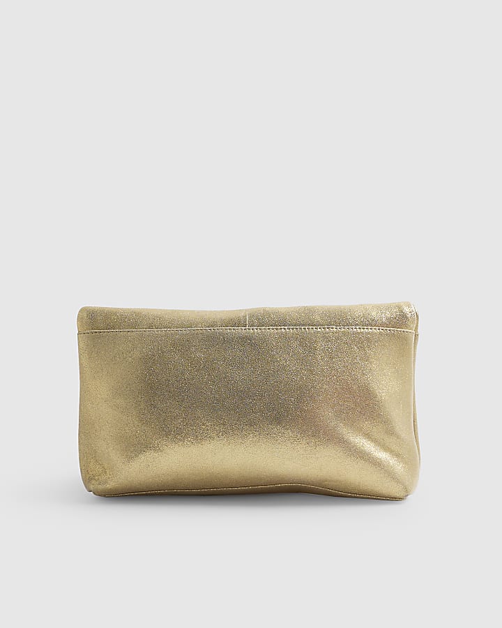 Gold Leather Flap Over Tassel Clutch Bag
