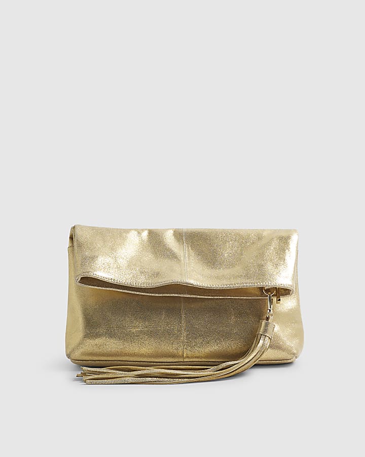 Gold Leather Flap Over Tassel Clutch Bag