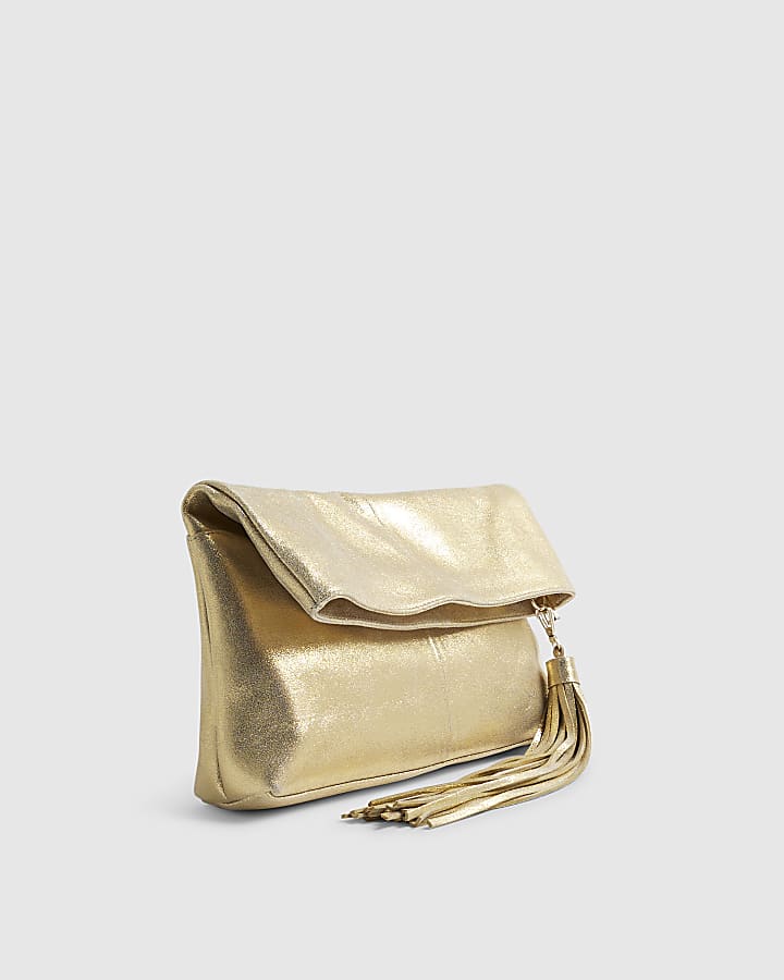Gold Leather Flap Over Tassel Clutch Bag