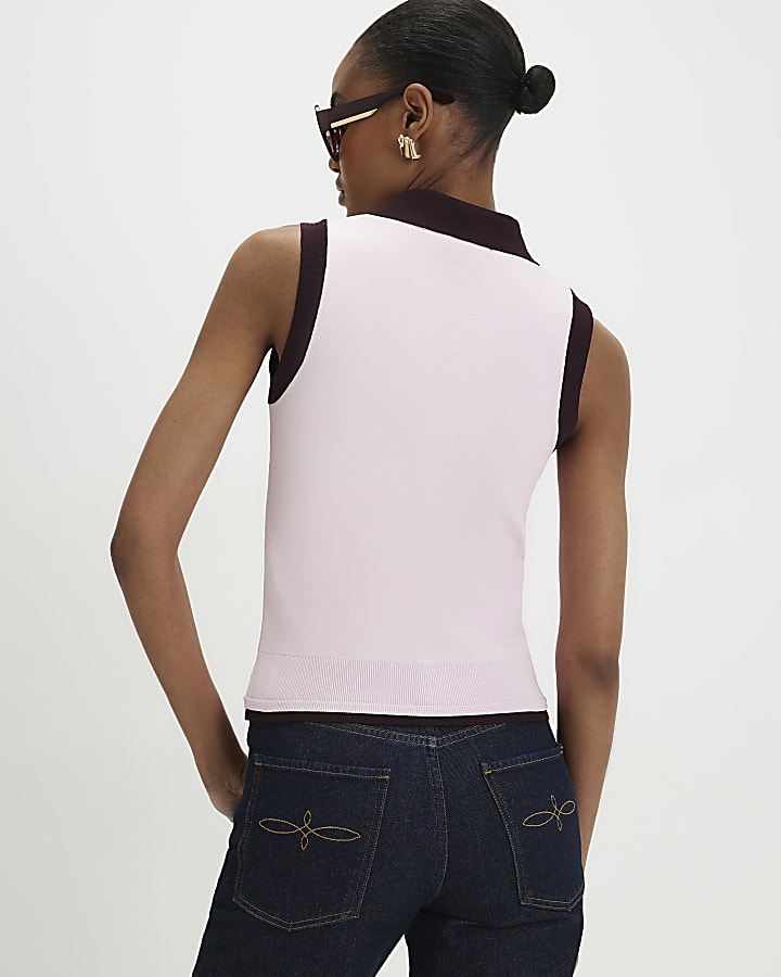 Pink Colour Block Knitted Polo Top