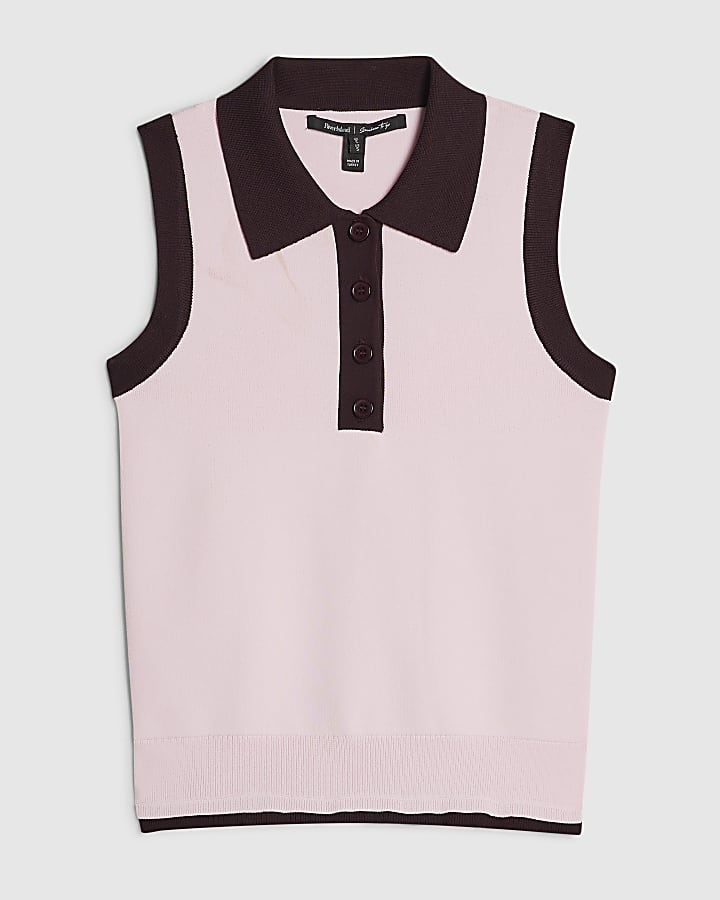 Pink Colour Block Knitted Polo Top