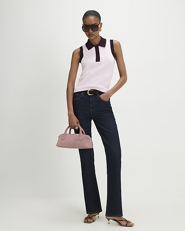 Pink Colour Block Knitted Polo Top