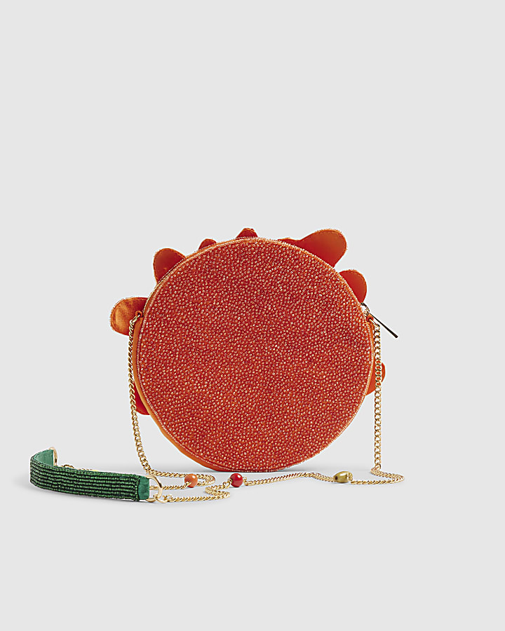 Orange Beaded Flower Clutch Bag