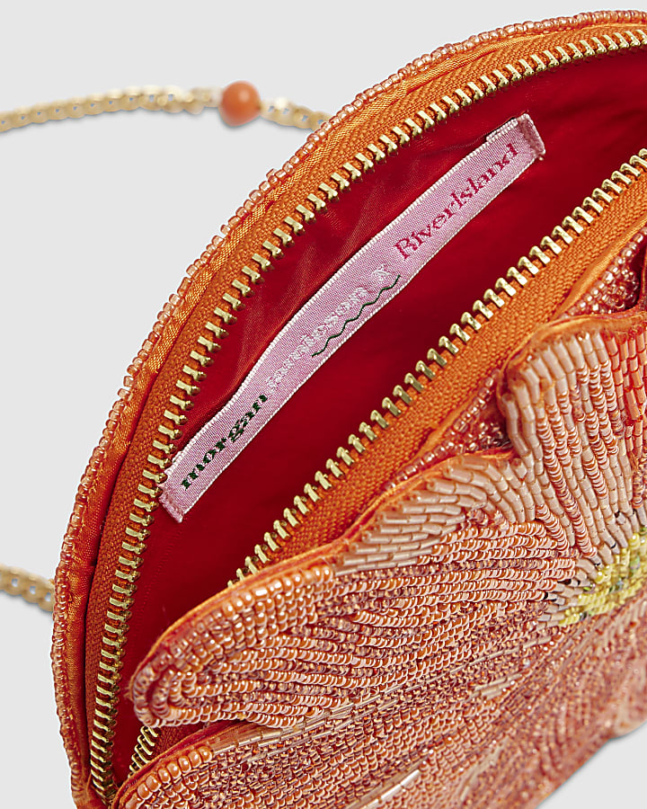 Orange Beaded Flower Clutch Bag