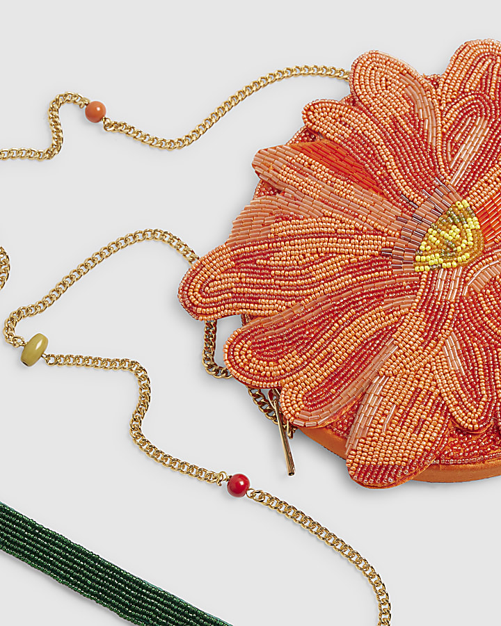 Orange Beaded Flower Clutch Bag