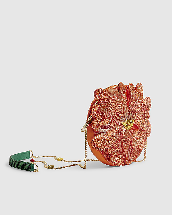 Orange Beaded Flower Clutch Bag