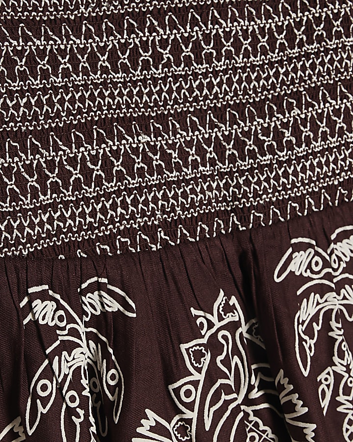 Brown Cotton Embroidered Shirred Bandeau Top