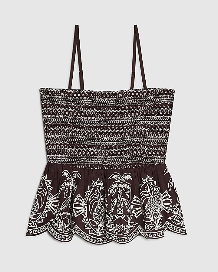 Brown Cotton Embroidered Shirred Bandeau Top