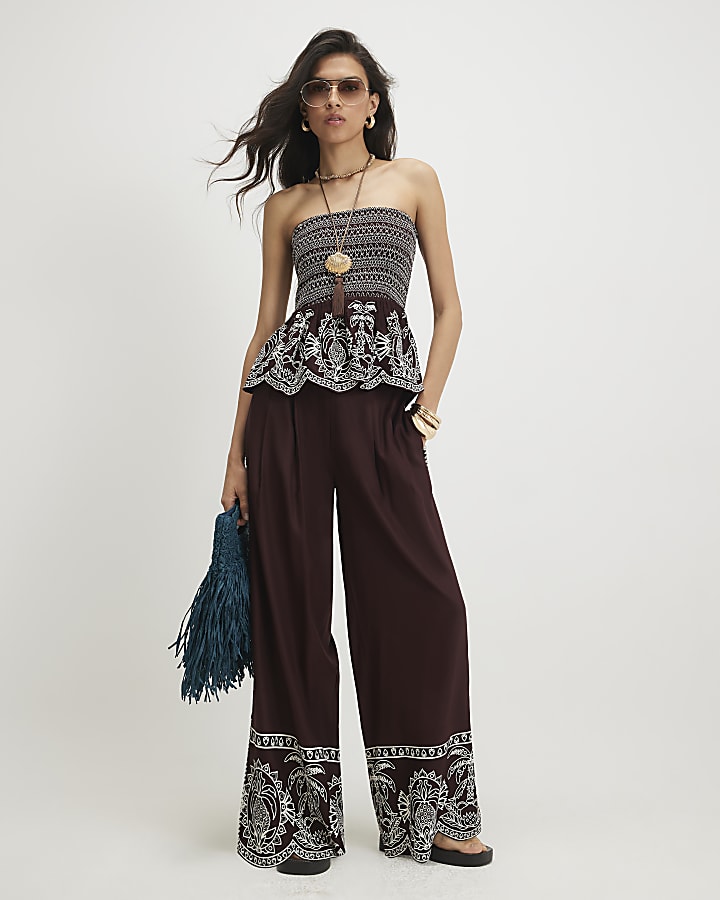 Brown Cotton Embroidered Shirred Bandeau Top