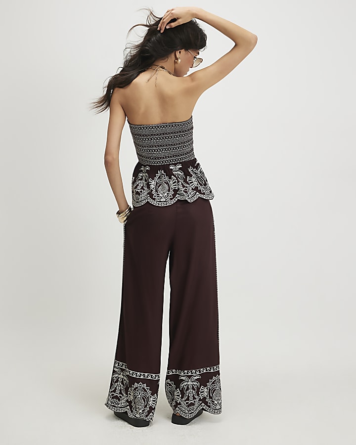 Brown Cotton Embroidered Hem Trousers