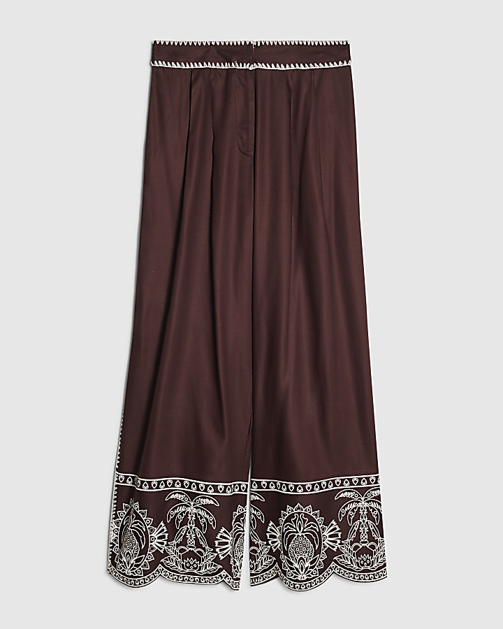 Brown Cotton Embroidered Hem Trousers