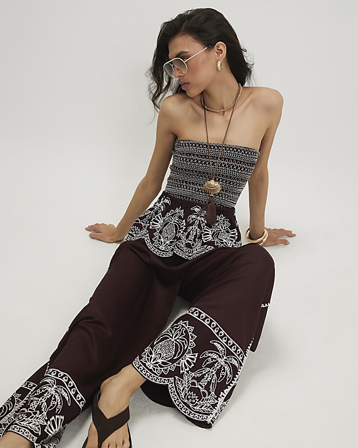 Brown Cotton Embroidered Hem Trousers