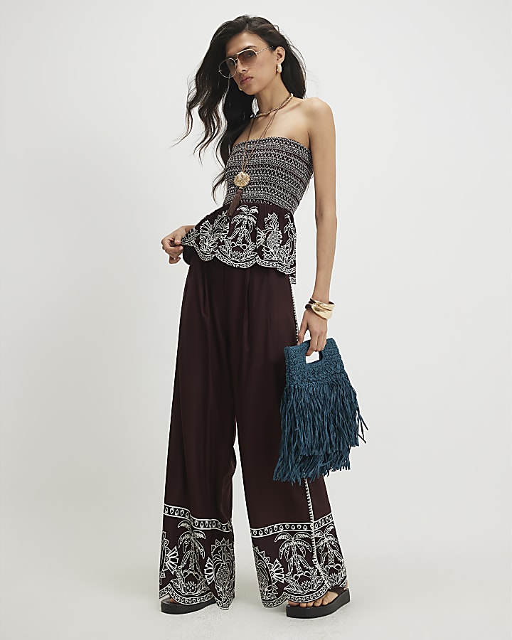 Brown Cotton Embroidered Hem Trousers
