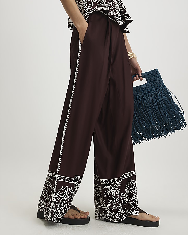 Brown Cotton Embroidered Hem Trousers